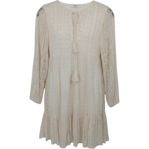 REVEROF Dress Women Medium Cream Lace Swiss Dot Tassel Boho Mini Romantic Chic